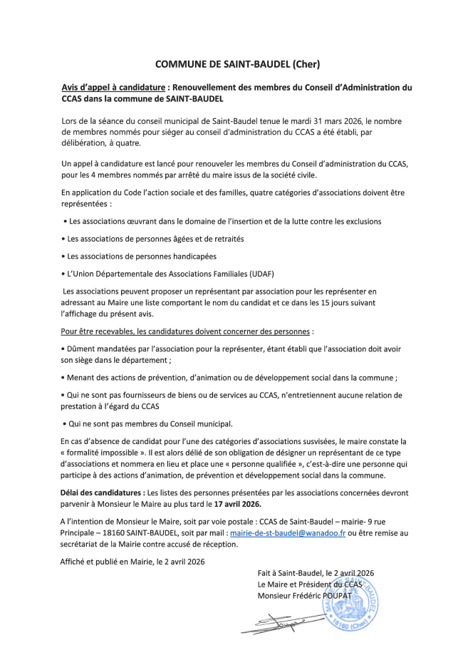 appel à candidature membres nommés du CCAS ST BAUDEL 1
